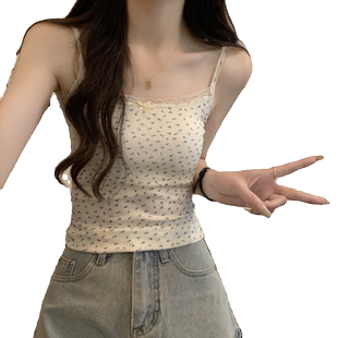 带胸垫背心女外穿夏季bm风美式甜美纯欲蕾丝碎花美背内搭吊带上衣