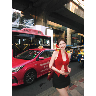 红色玫瑰挂脖吊带背心女夏季露背短款不规则开叉美背复古泰式上衣
