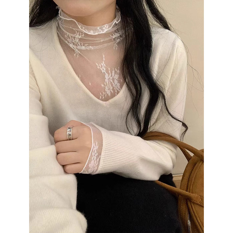白色蕾丝拼接高领针织衫女秋冬绝美巨好看内搭打底衫毛衣外穿上衣
