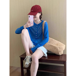 克莱因蓝亚麻长袖防晒t恤罩衫女夏季吊带外搭轻薄冰丝空调衫上衣