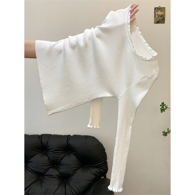 秋冬高级设计感小众木耳边长袖打底针织衫上衣圆领内搭白色毛衣女
