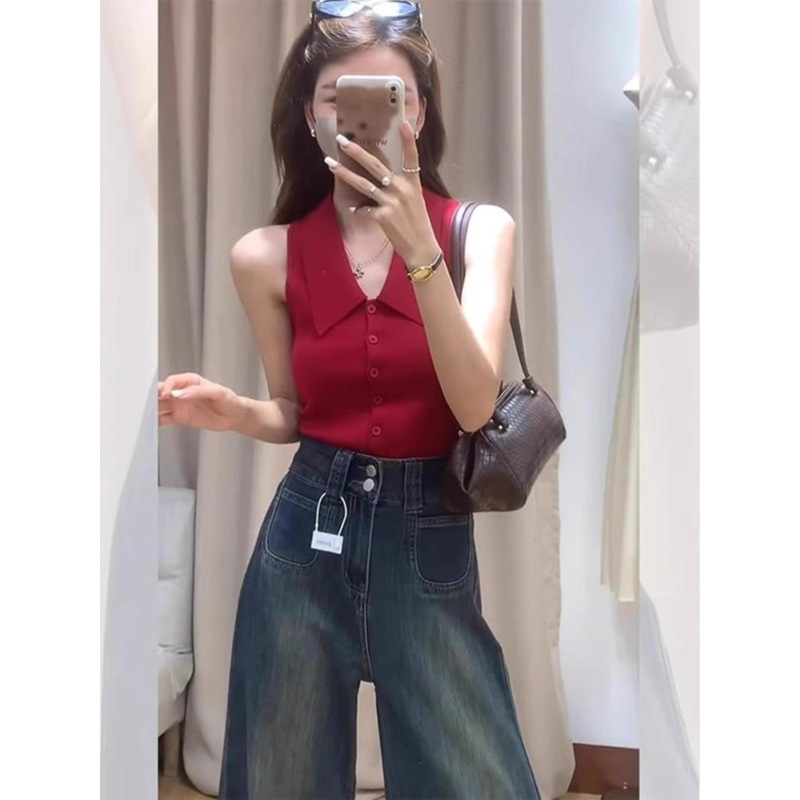 法式内搭红色翻领针织背心吊带外穿高级感冰丝坎肩无袖上衣女夏季