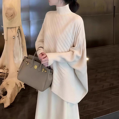 设计感高领毛衣女秋冬季新款宽松不规则小众蝙蝠袖斗篷针织衫上衣