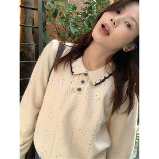 上衣 Polo翻领百搭针织衫 甜美学院风减龄刺绣气质长袖 毛衣女秋冬季