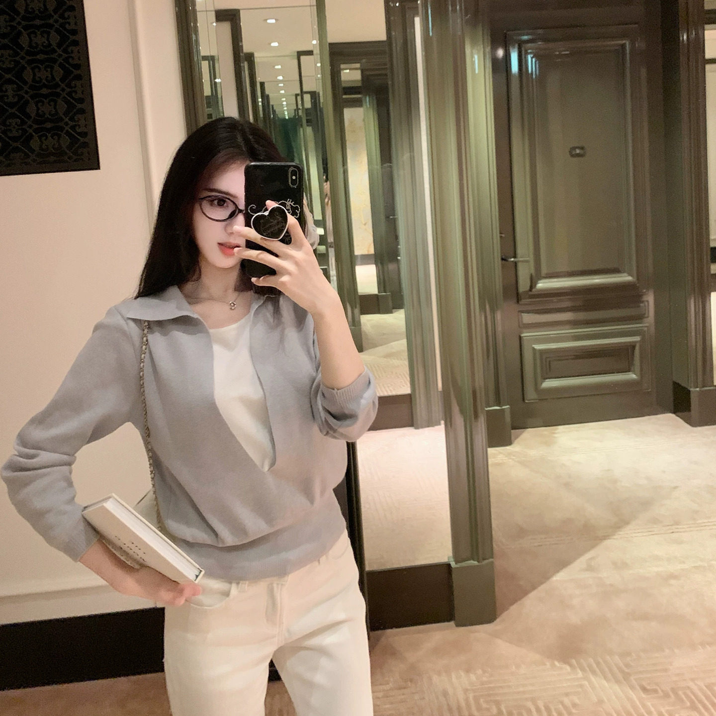 老钱风polo领假两件针织衫女秋季韩系高级感修身翻领打底内搭上衣
