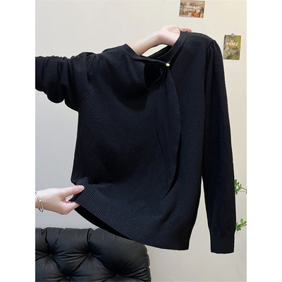 秋冬高级感可外穿长袖打底针织衫上衣气质慵懒宽松百搭飘带毛衣女