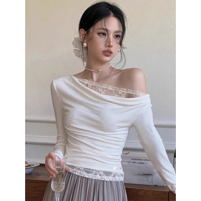 春秋季一字肩修身紧身白色t恤女长袖性感辣妹斜肩内搭打底衫上衣