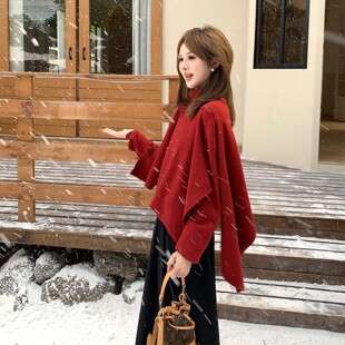 新年红色小个子两件套高领毛衣女秋冬法式高级感加厚斗篷披肩上衣