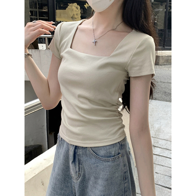 法式方领正肩t恤女短袖夏季修身短款褶皱收腰辣妹设计感别致上衣