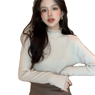 半高领网纱拼接毛衣女长袖打底衫