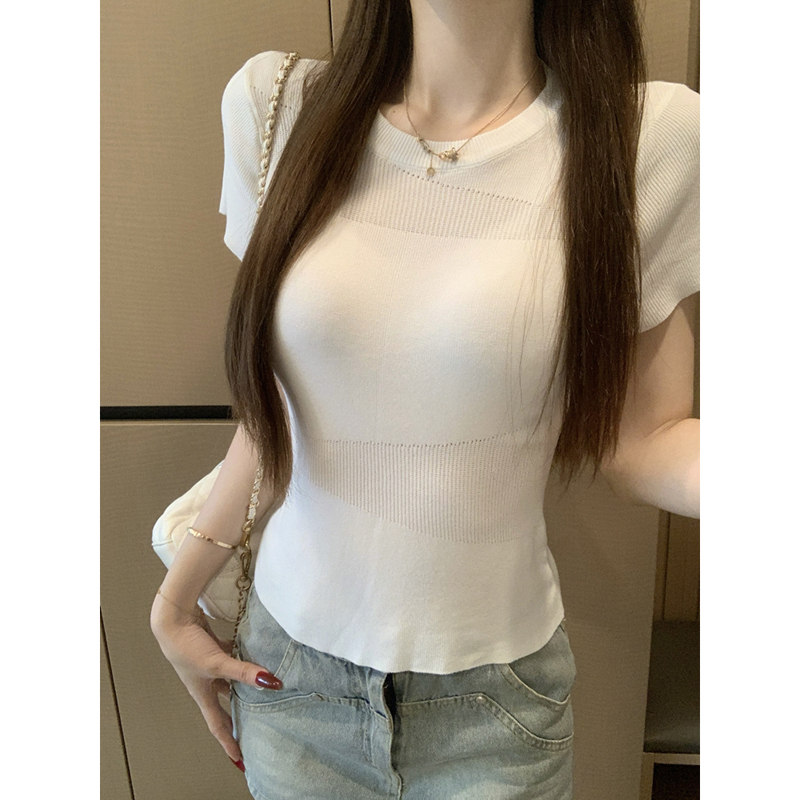 白色短袖t恤女夏2025新款爆款美式辣妹镂空修身短款绝美漂亮上衣