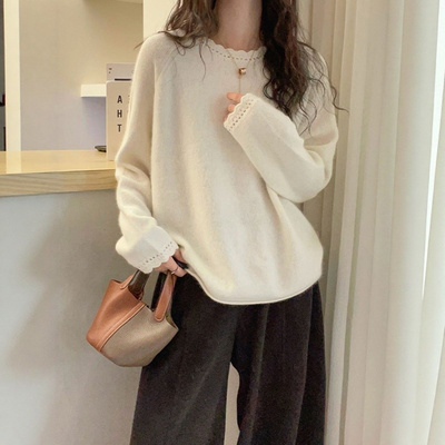 早春慵懒风花边圆领针织衫秋冬季女白色毛衣宽松显瘦百搭打底上衣