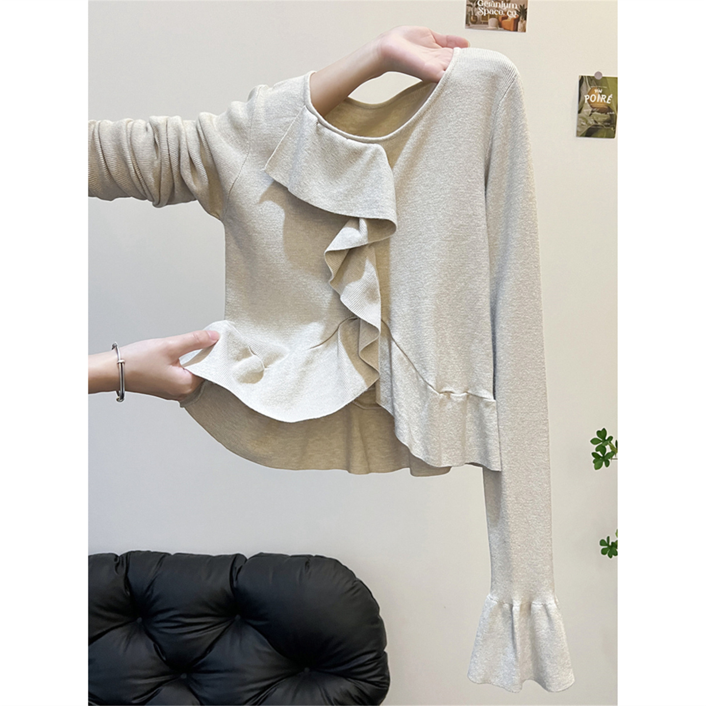 秋冬设计感修身短款小个子长袖打底针织衫上衣荷叶边喇叭袖毛衣女