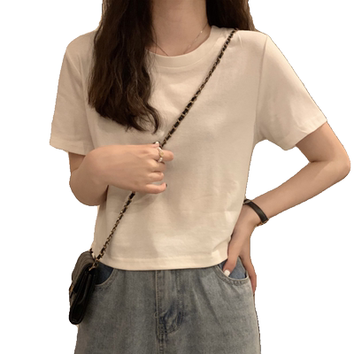 正肩白色t恤女短袖夏季2025新款爆款圆领修身显瘦短款纯棉上衣服