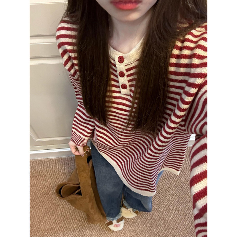 慵懒风红色条纹撞色针织衫上衣早秋设计感宽松毛衣女秋冬2025新款