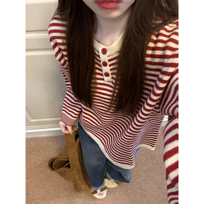 慵懒风红色条纹撞色针织衫上衣早秋设计感宽松毛衣女秋冬2025新款