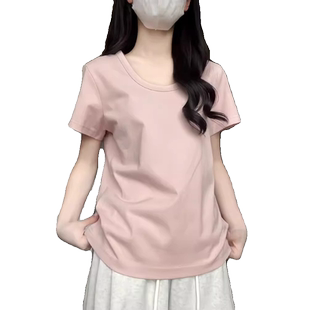 u领正肩粉色t恤女短袖夏季韩系简约百搭宽松显瘦纯棉半袖体恤上衣