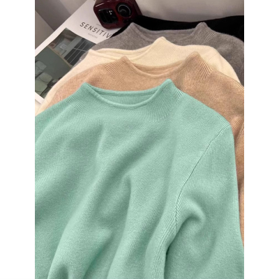 薄荷绿毛衣女士秋冬季半高领百搭修身紧身内搭长袖打底针织衫上衣