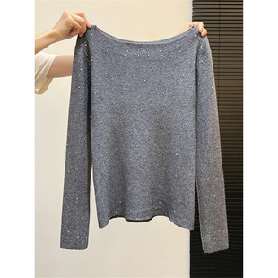 春秋冬高级感灰色烫钻亮闪闪长袖打底针织衫上衣一字肩内搭毛衣女