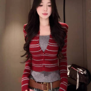 美式复古红色条纹长袖打底针织衫上衣春秋设计感假两件内搭毛衣女