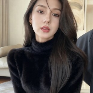 毛茸茸仿水貂绒半高领内搭毛衣女秋冬长袖打底衫加厚保暖针织上衣