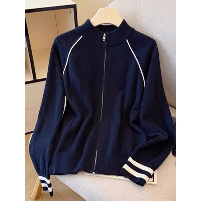 秋冬新款高级设计感小众半高领毛衣外套女藏青色拉链针织开衫上衣