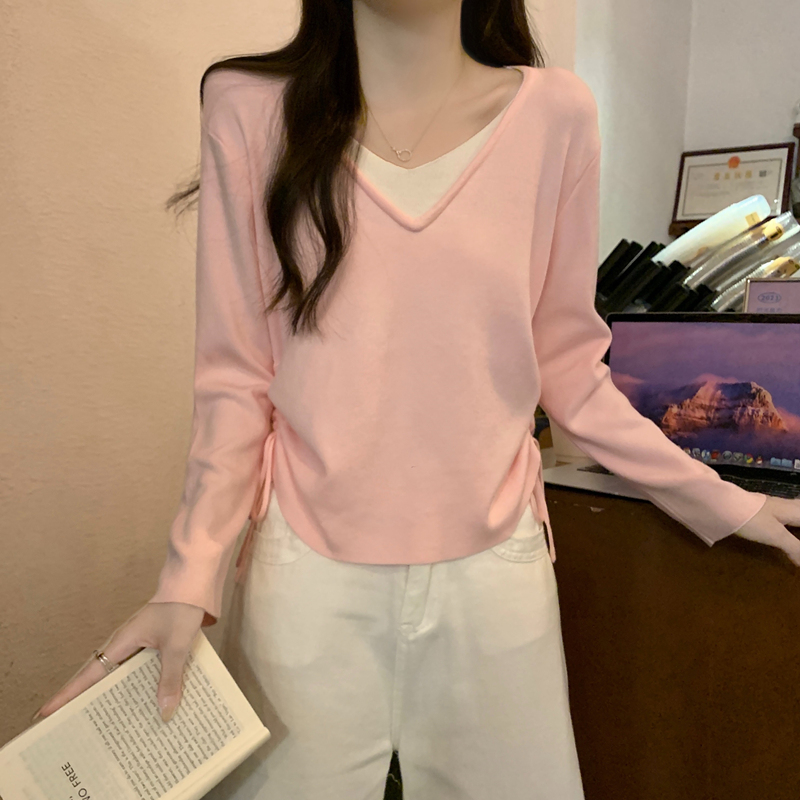 春秋冬薄款v领长袖打底针织衫上衣设计感小众别致粉色毛衣女内搭