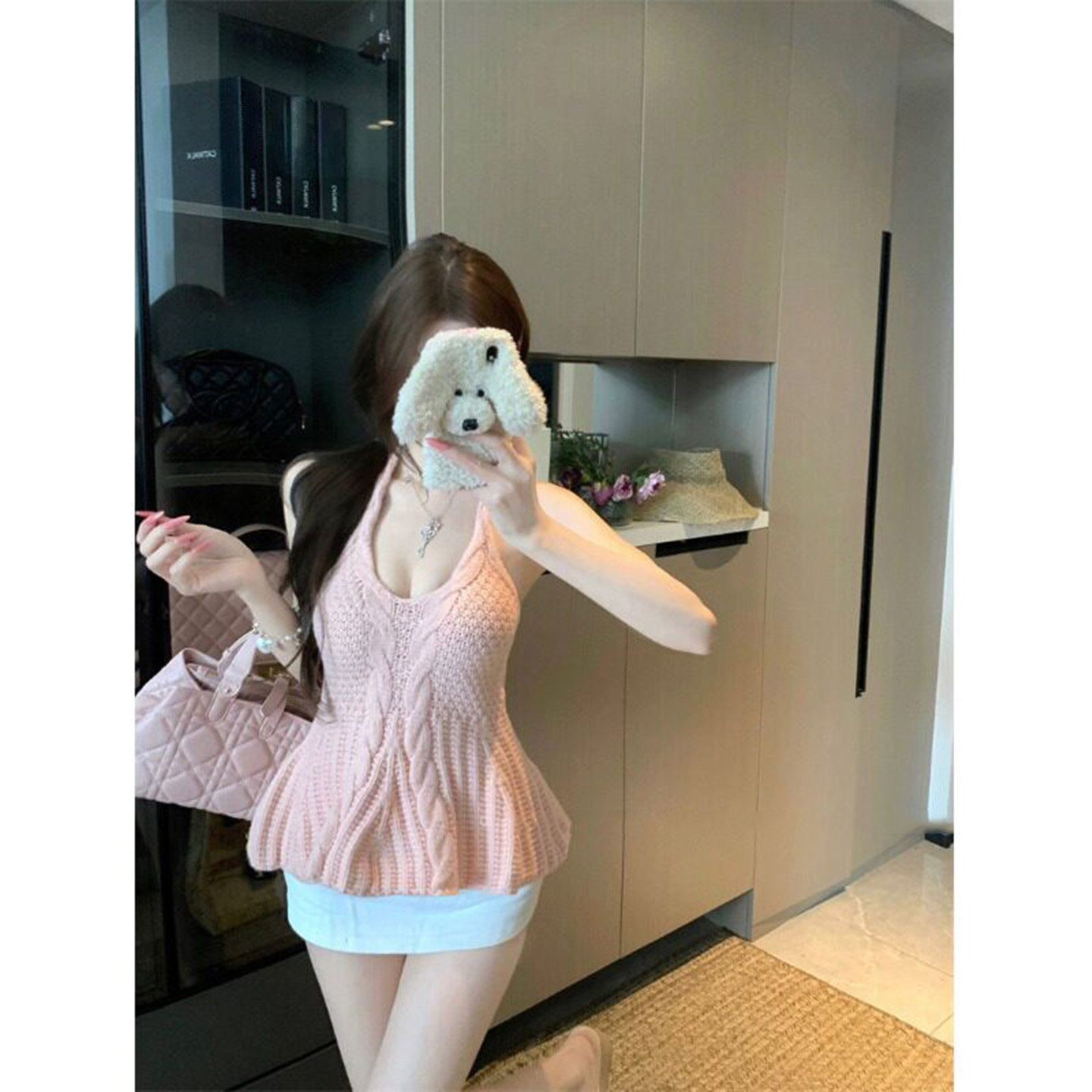 韩系粉色v领麻花挂脖吊带背心女夏季巨好看纯欲气质收腰针织上衣