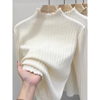 木耳边半高领长袖打底针织衫上衣秋冬洋气高级感可外穿毛衣女内搭