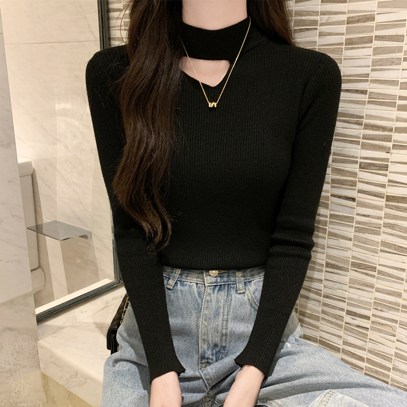 半高领内搭镂空毛衣女长袖打底衫