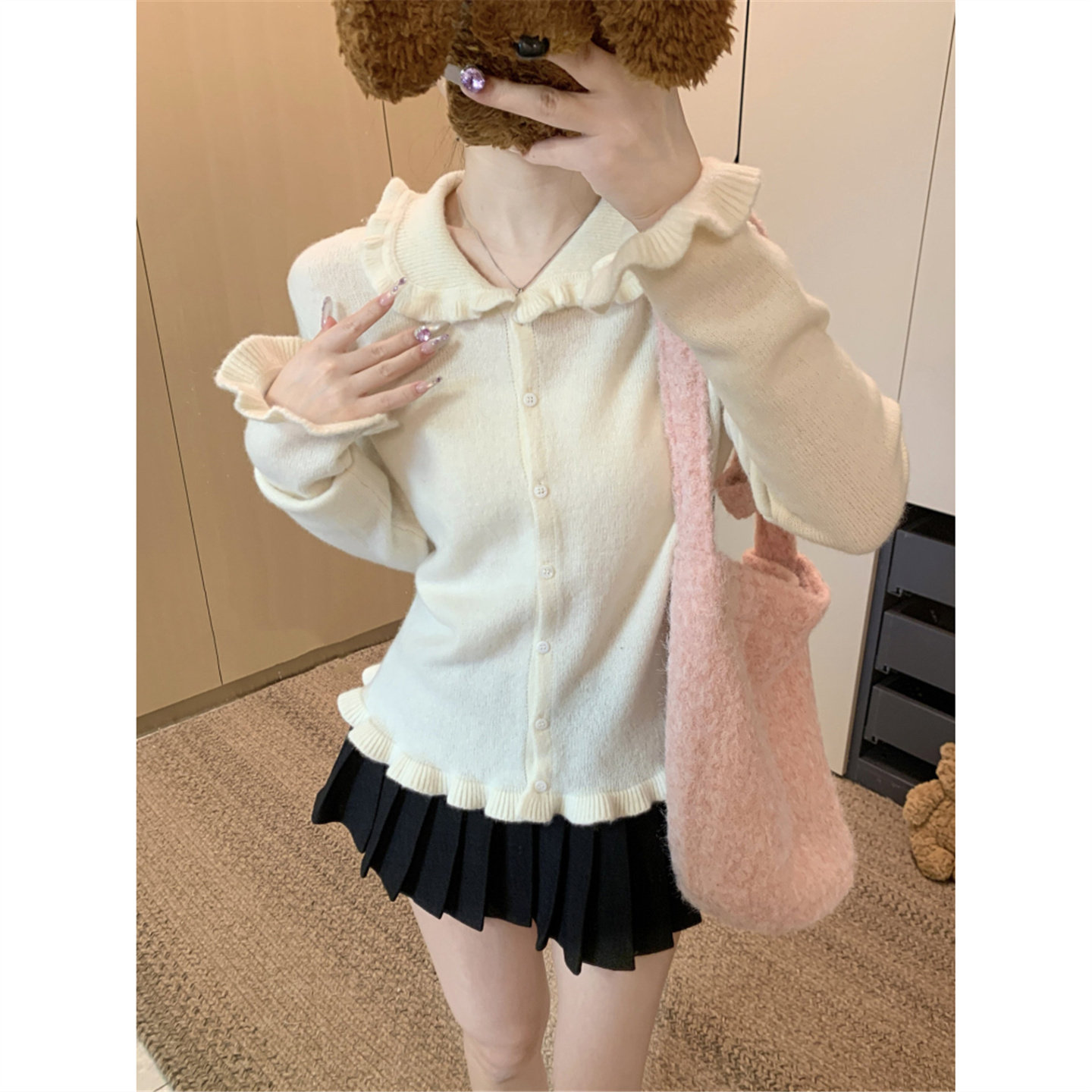 秋冬韩系甜美温柔风娃娃领针织衫女加厚保暖内搭打底上衣开衫毛衣