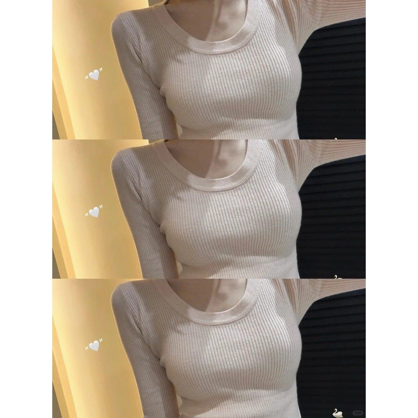 早春穿搭韩系圆领百搭修身紧身长袖打底针织衫上衣粉色内搭毛衣女