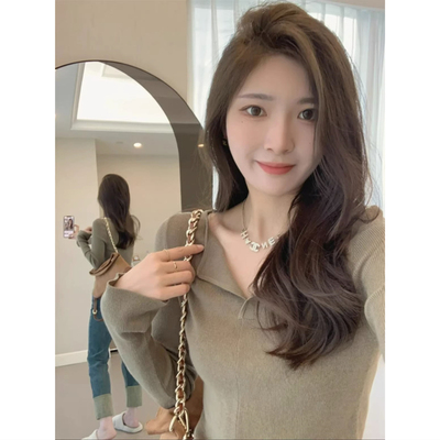 春秋冬薄款v领修身显瘦长袖打底针织衫上衣高级感紧身毛衣女内搭