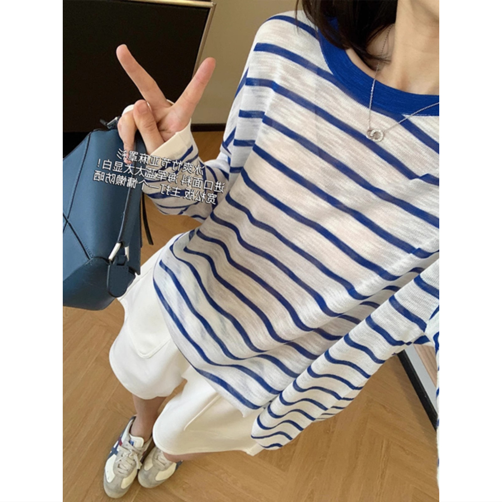 韩系透气竹节亚麻撞色条纹长袖t恤女夏季薄款宽松罩衫防晒衫上衣