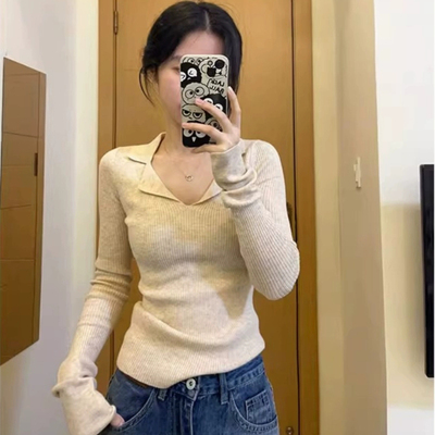 秋冬内搭翻领长袖打底针织衫上衣修身显瘦短款小个子polo领毛衣女