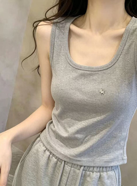 灰色无袖宽肩带吊带背心女外穿夏季u领打底内搭运动瑜伽短款上衣