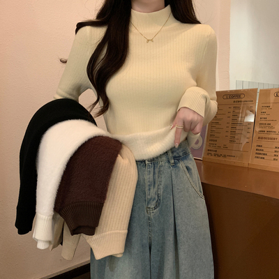 半高领一体绒打底衫女内搭秋冬洋气可外穿加绒加厚毛衣针织衫上衣