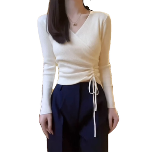 秋冬修身短款v领长袖针织衫毛衣女内搭洋气别致漂亮的打底衫上衣