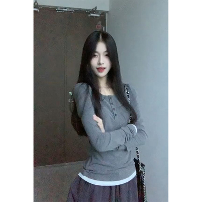 秋冬美式辣妹修身收腰t恤女长袖纽扣高级感假两件内搭打底衫上衣