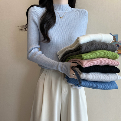 春秋冬新款半高领修身长袖打底针织衫上衣可外穿加厚一体绒毛衣女