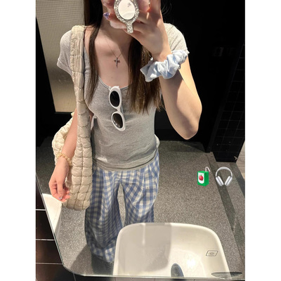u领正肩灰色t恤女短袖夏季设计感小众纯欲大领口性感修身显瘦上衣