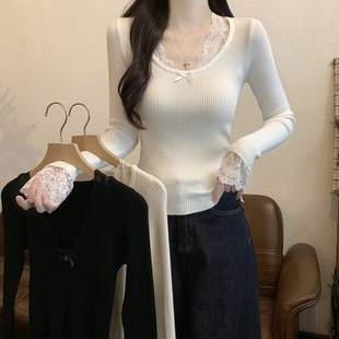 春秋冬薄款外穿蕾丝蝴蝶结长袖打底针织衫上衣修身紧身毛衣女内搭