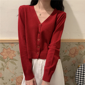 春秋冬外搭v领长袖 上衣温柔风软糯港味chic毛衣短外套女 针织开衫