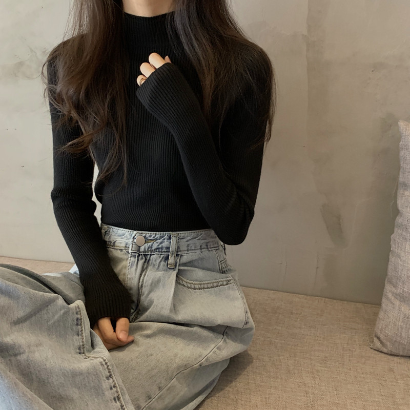黑色显瘦毛衣女半高领加绒打底衫秋冬内搭加厚一体绒长袖针织上衣