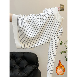 秋冬半高领内搭加厚一体绒毛衣女高级感可外穿条纹长袖打底针织衫