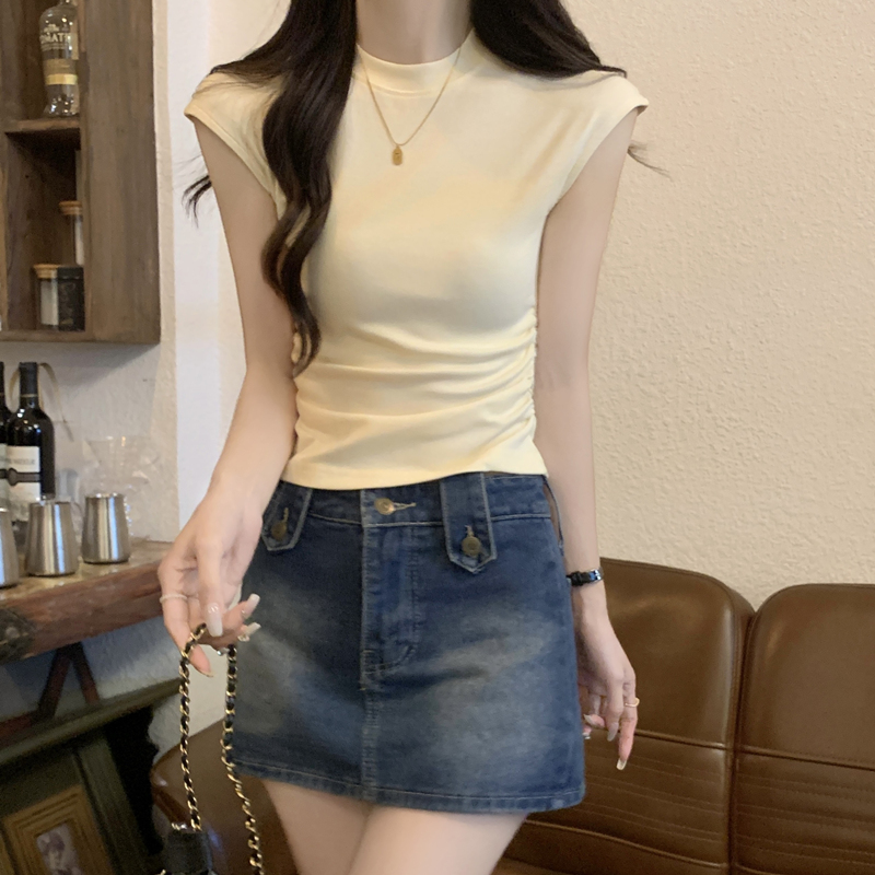 正肩t恤女短袖夏季设计感别致修身显瘦甜辣妹短款褶皱小飞袖上衣