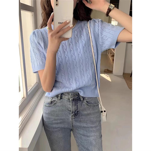 设计感别致麻花冰丝针织衫 圆领正肩t恤女短袖 短款 修身 上衣 春夏季