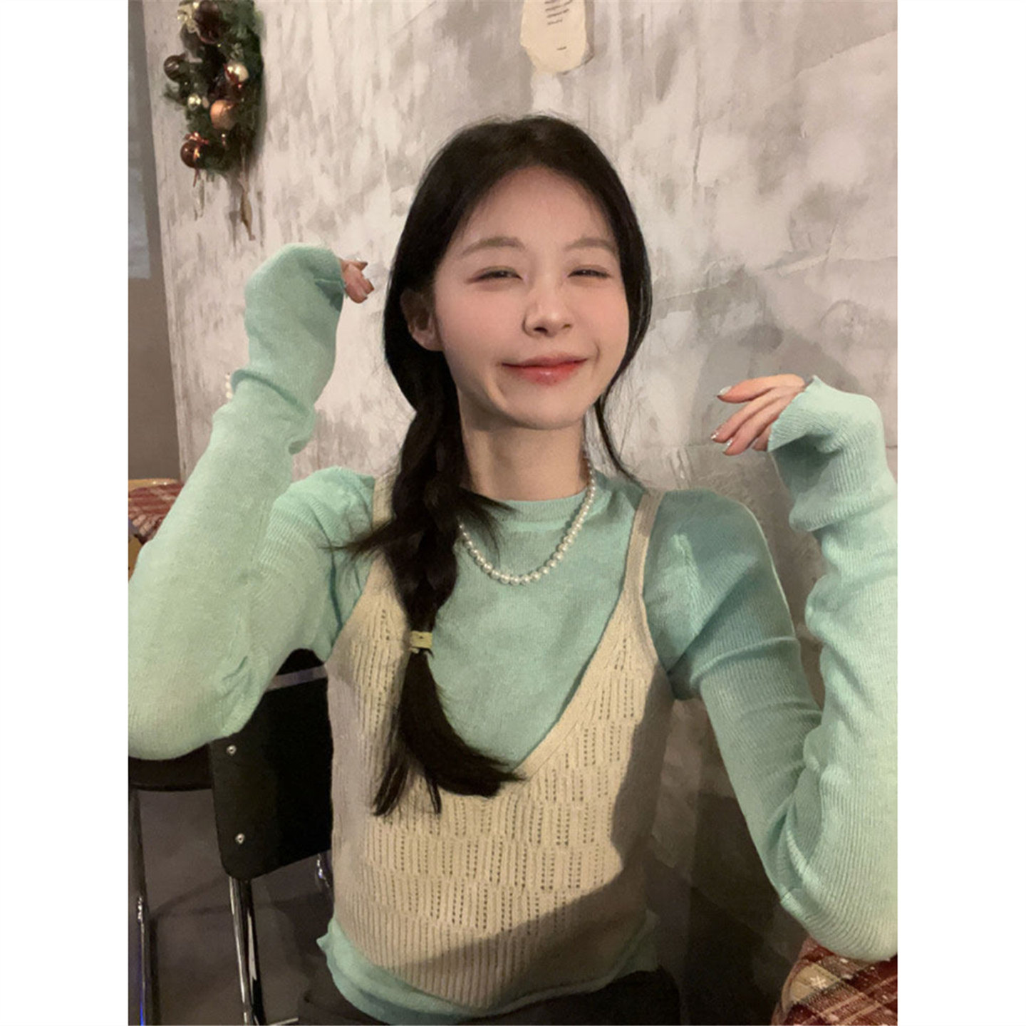 薄荷绿色圆领针织衫女早春韩系百搭修身紧身长袖上衣内搭打底毛衣