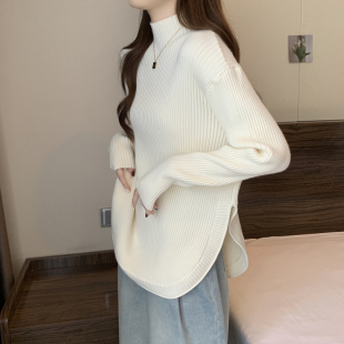 秋冬内搭半高领长袖 上衣设计感小众宽松慵懒开叉毛衣女 针织打底衫