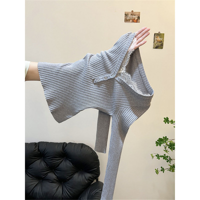 v领灰色针织衫女秋冬2025新款蕾丝法式低领高级感长袖毛衣打底衫